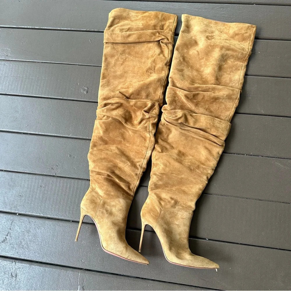 Amina Muaddi Jahleel Over the Knee Ruched Pointed Toe Stiletto Tan Suede Slouch